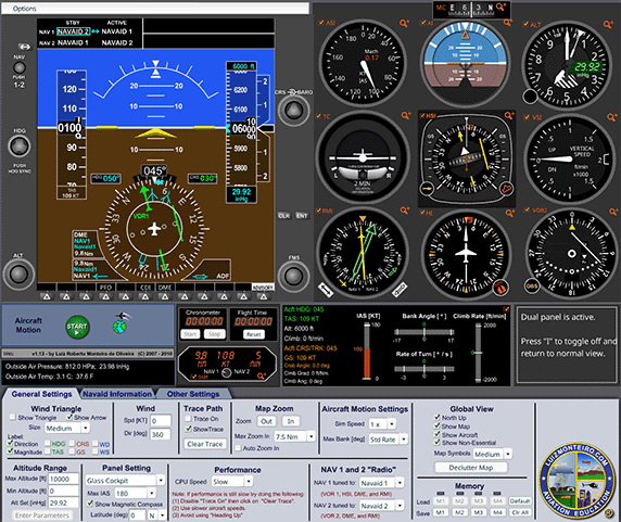 Dual panel view of the Navigation Simulator, showing a full suite of glass and analog instruments like the HSI and VOR for instrument flying practice.
