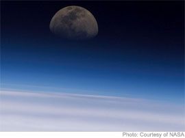 The thin, fragile crescent of Earth's atmosphere viewed from orbit, representing the atmospheric layers the calculator models.