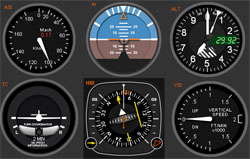 The standard six-pack of analog flight instruments, showing the airspeed indicator, attitude indicator, altimeter, turn coordinator, heading indicator, and vertical speed indicator.