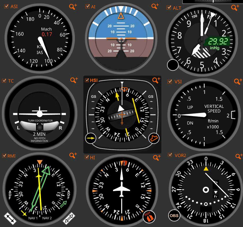 The standard six-pack of analog flight instruments, showing the airspeed indicator, attitude indicator, altimeter, turn coordinator, horizontal situation indicator, and vertical speed indicator, as well as additional RMI, heading indicator, and VOR below.
